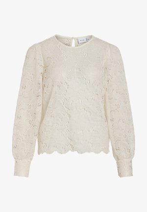Crèmekleurige kanten blouse met lange mouwen, pofmouwen, een geschulpte zoom en knoopsluiting aan de achterkant van de hals.