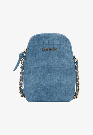 Kleine blaue strukturierte Umhängetasche mit goldener Kette und Reißverschluss, „Carlo Colucci“ Markenlogo vorne.