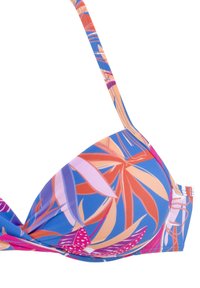 Daugiaspalvis bikini viršus su mėlynu fonu, kuriame yra tropinių lapų raštai rožinės, oranžinės ir purpurinės spalvų; lengvai paminkštinti puodeliai su reguliuojamomis petnešėlėmis.