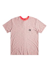 Striped t-shirt in light red and blue hues, featuring a round neck with a red trim and a small chest pocket with a logo. Soft fabric texture.