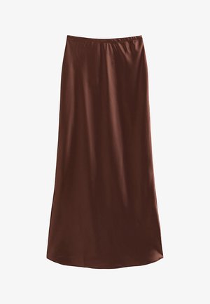 Jupe marron, longueur cheville, coupe droite, avec une texture lisse et une ceinture élastique.