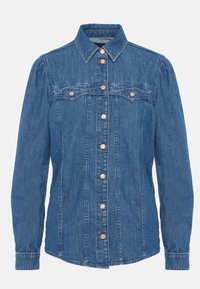 Denim shirt met een gestructureerde kraag, lange mouwen en koperen knopen. Heeft een ontwerp met verticale naden en een licht gestructureerde blauwe stof.