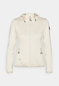 Cremefarbene Zip-Hoodiejacke mit dezentem Rautenmuster, verstellbaren Kordeln an der Kapuze und Taschen sowie langen Ärmeln.