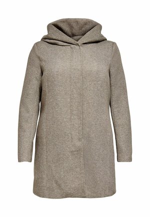 Palton cu glugă dintr-un material moale, de culoare maro deschis, având mâneci lungi, o croială dreaptă și o textură subtilă. Fără închideri sau modele vizibile.