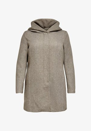 Hooded coat in soft, light brown fabric, featuring long sleeves, a straight cut, and subtle texture. No visible fastenings or patterns.