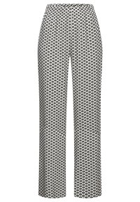 Black and white high-waist trousers with a small diamond and dot geometric pattern, straight-leg cut, tailored fit.