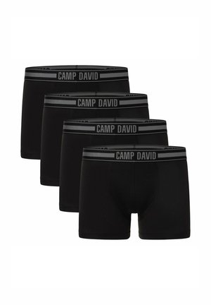 Sorte bomulds boxer briefs, fire-pak. Har elastisk talje med "CAMP DAVID" branding i grå. Glat tekstur, tætsiddende design.