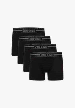 Schwarze Baumwoll-Boxershorts, Viererpack. Mit elastischem Bund und "CAMP DAVID"-Branding in Grau. Glatte Textur, enganliegendes Design.