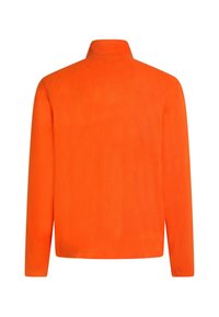Orange fleecejakke med høj krave, lange ærmer og en glat tekstur. Ingen synlige mønstre eller hardwaredetaljer.