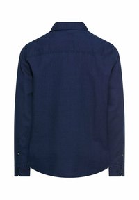 Navy blue long-sleeve shirt with a button-down collar, featuring a smooth texture and rounded hem. Includes cuff buttons and no visible patterns.