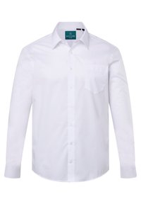 Biała koszula z długim rękawem, zapinana na guziki, z kołnierzykiem, pojedynczą kieszenią na piersi i gładką teksturą materiału. Posiada klasyczne zapięcie na guziki.