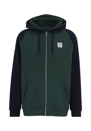 Zip-up hooded sweatshirt with dark green body, black sleeves, front pockets, and drawstrings on hood.