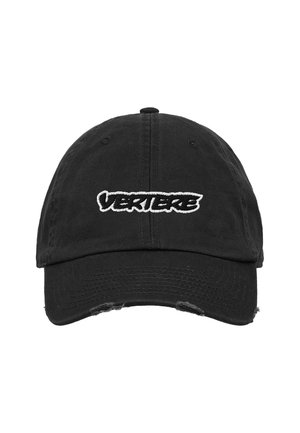 Cappellino da baseball nero con testo "VERTIERE" ricamato in bianco sulla parte frontale e leggero effetto usurato sul bordo della visiera curva.