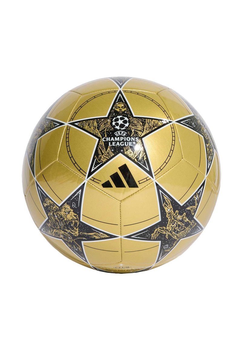 Zlatý fotbalový míč s hvězdným vzorem a černými akcenty, nápis „UEFA Champions League“. Vyroben z umělého materiálu, hladký povrch.
