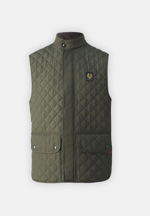 Quilted green vest with a high collar, two front pockets, snap buttons, and a logo patch. Lightweight fabric with a diamond pattern.