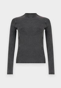 Zwart langreet t-shirt gemaakt van ribbelstof, met een hoge halslijn en een slim fit. Stikdetails benadrukken de vorm.
