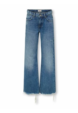 Light blue wide-leg jeans with a frayed hem, crafted from denim. Features a classic five-pocket design and a button closure.