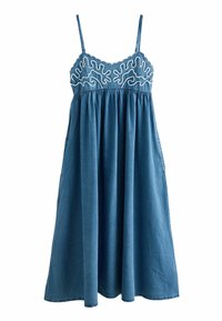 Denimklänning med tunna axelremmar, figurnära liv med vitstygda v�ågmönster, utsvängd kjol och sidofickor. Blått tyg, knälång.