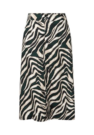 Button-front skirt featuring a green and cream zebra stripe pattern, with a fitted waist and a relaxed A-line shape. Made of a lightweight fabric.