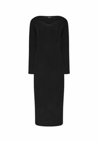 Abito nero a maniche lunghe in maglia a costine con silhouette aderente e scollo ampio a forma curva, caratterizzato da un orlo a lunghezza del ginocchio e tessuto con texture.