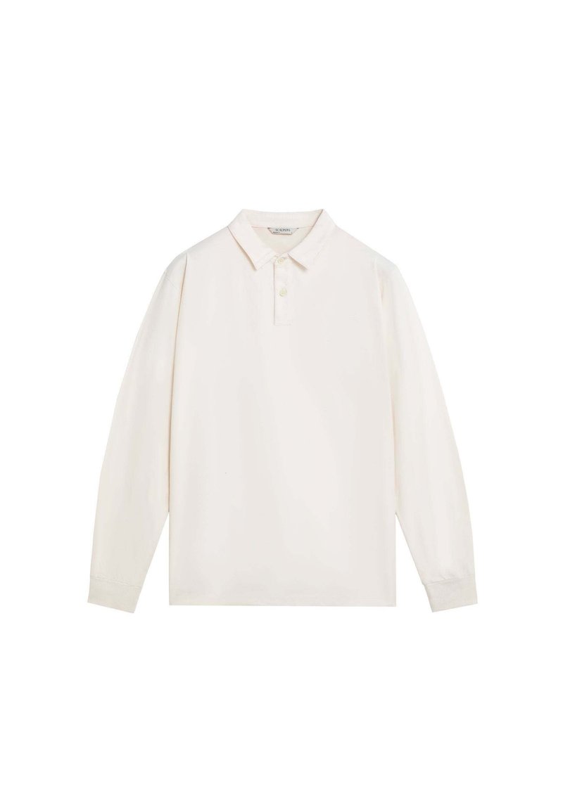 Camisa polo de manga larga en algodón color crema claro, con un cuello clásico, placket de tres botones y puños acanalados. Textura suave sin patrones.