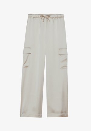 Pantaloni cargo bej, realizați dintr-un material neted, cu un elastic în talie și șnur, având două buzunare laterale și picioare largi.