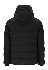 Schwarze Pufferjacke mit Kapuze, gestepptem Design und elastischen Bündchen. Der Rücken ist glatt mit minimalem Branding am Saum.