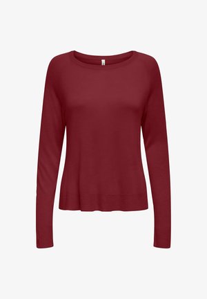 Bordeaux langærmet top med rund halsudskæring, ribbede manchetter og afslappet pasform. Fremstillet af blødt strikmateriale med en glat tekstur.