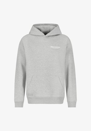 Graue Kapuzenjacke aus einem weichen Baumwoll-Mix, mit einer Vorderentasche und einer Kapuze mit Kordelzug. Sie hat eine minimalistische Markenkennzeichnung auf der Brust.