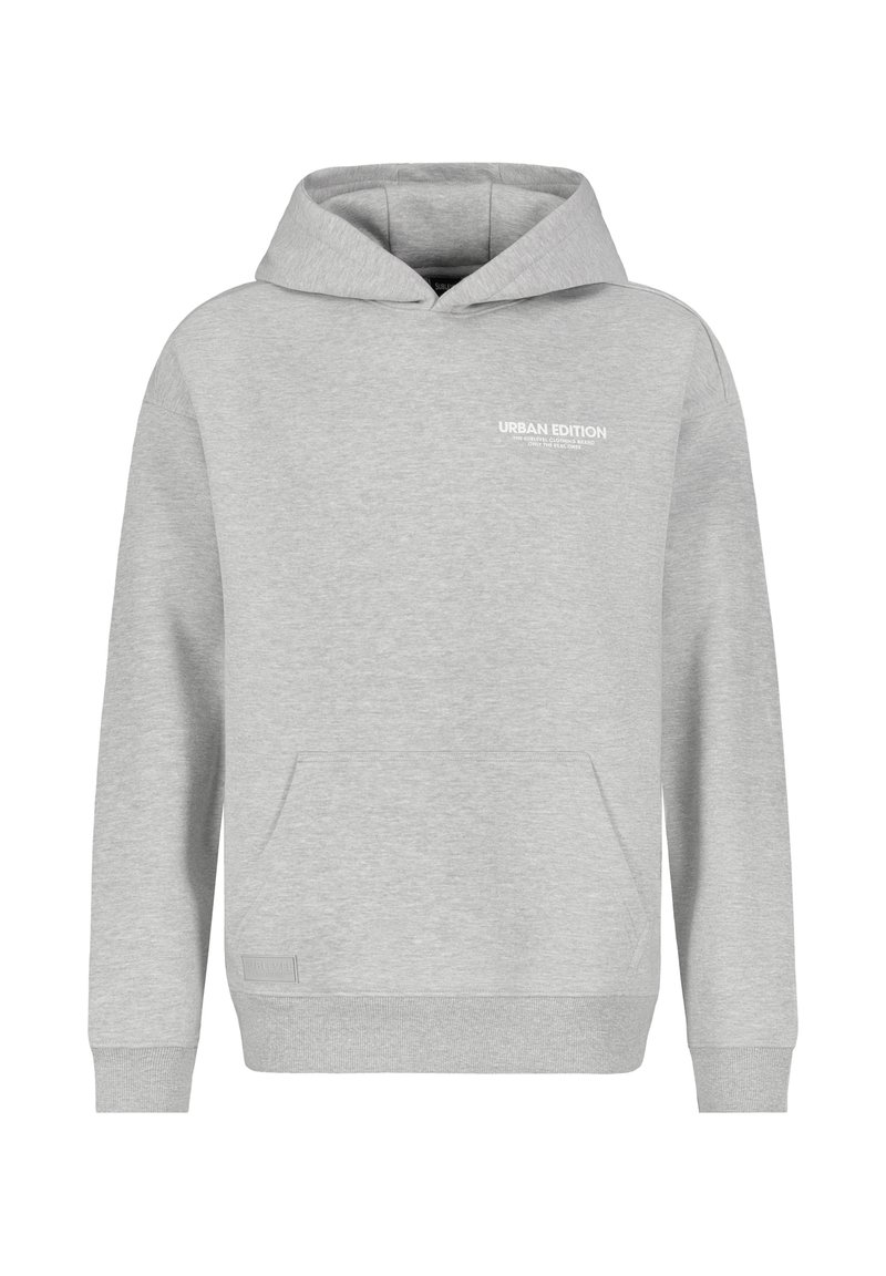 Graue Kapuzenjacke aus einem weichen Baumwoll-Mix, mit einer Vorderentasche und einer Kapuze mit Kordelzug. Sie hat eine minimalistische Markenkennzeichnung auf der Brust.