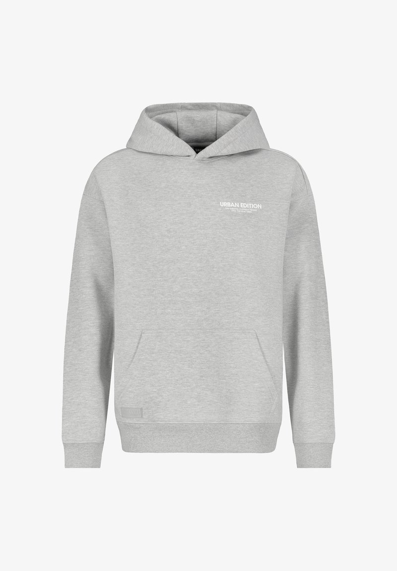 Grey hoodie made of soft cotton blend, featuring a front pocket and a drawstring hood. It has minimal branding on the chest.