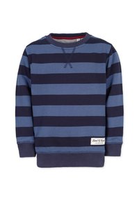 Merimies ja vaalea sininen raidoitettu crewneck-huppari, jossa on resorit hihansuissa ja vyötäröllä. Paidassa on pieni brändilogo alahelmassa.