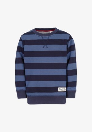 Mørkeblå og lyseblå stribet crewneck sweatshirt med ribbedeærmer og liv, der har et lille mærkelogo på den nederste søm.