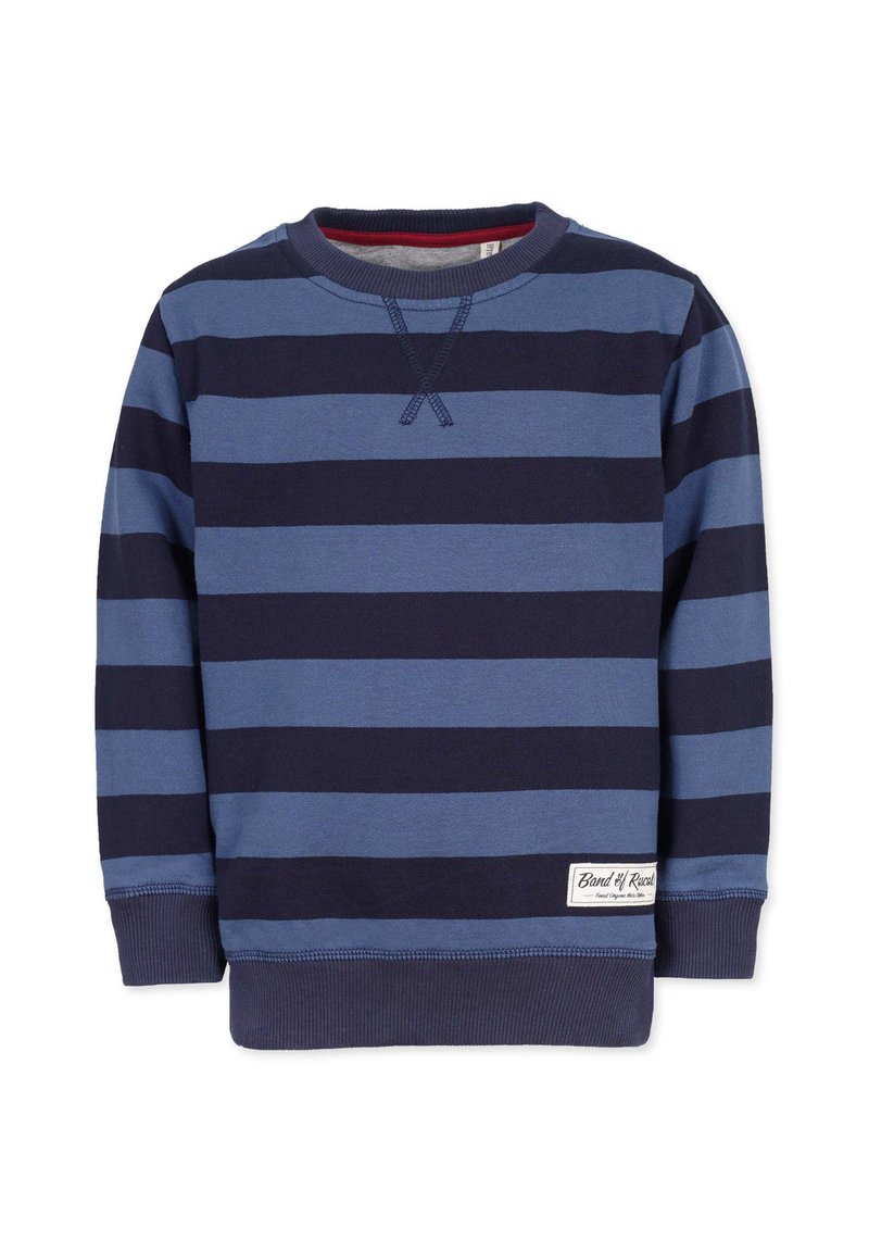 Merimies ja vaalea sininen raidoitettu crewneck-huppari, jossa on resorit hihansuissa ja vyötäröllä. Paidassa on pieni brändilogo alahelmassa.