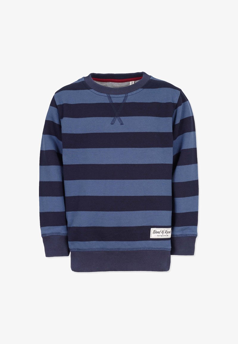 Merimies ja vaalea sininen raidoitettu crewneck-huppari, jossa on resorit hihansuissa ja vyötäröllä. Paidassa on pieni brändilogo alahelmassa.