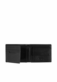 Black leather wallet, bi-fold design, featuring multiple card slots, a bill compartment, and a smooth texture. Stamped logo detail visible.