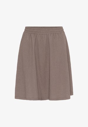 Fustă maro, texturată, până la genunchi, cu un elastic în talie și o țesătură moale, ușoară. Design simplu, fără embellishments suplimentare.