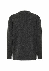 Maglione in lana grigio scuro con una vestibilità morbida, spalle cadenti e scollatura a V profonda. Texture liscia, senza motivi o accenti visibili.