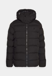 Černá péřová bunda s kapucí, má přední zip, patentky, prošívané části a boční kapsy. Vyrobena z hladkého a odolného materiálu.