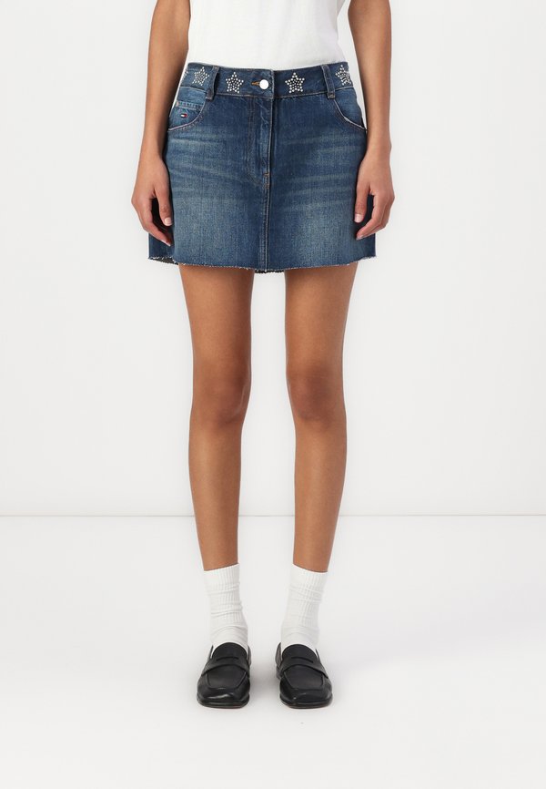 STUDDED MINI SKIRT - Mini skirt - denim dark