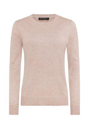 Blød lyserød strikket trøje med lange ærmer, rund hals og ribstrikkede ærmeender og kant, mærket Betty Barclay.