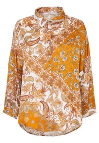 Chemise à manches longues avec boutons, arborant un motif paisley et floral en orange, blanc et marron, dotée d'un col et d'un ourlet courbé.