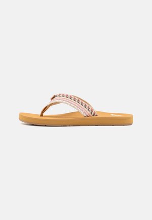 Flip-flop sandal with a textured brown sole and a woven multicolored strap featuring pink, beige, and gray shades.
