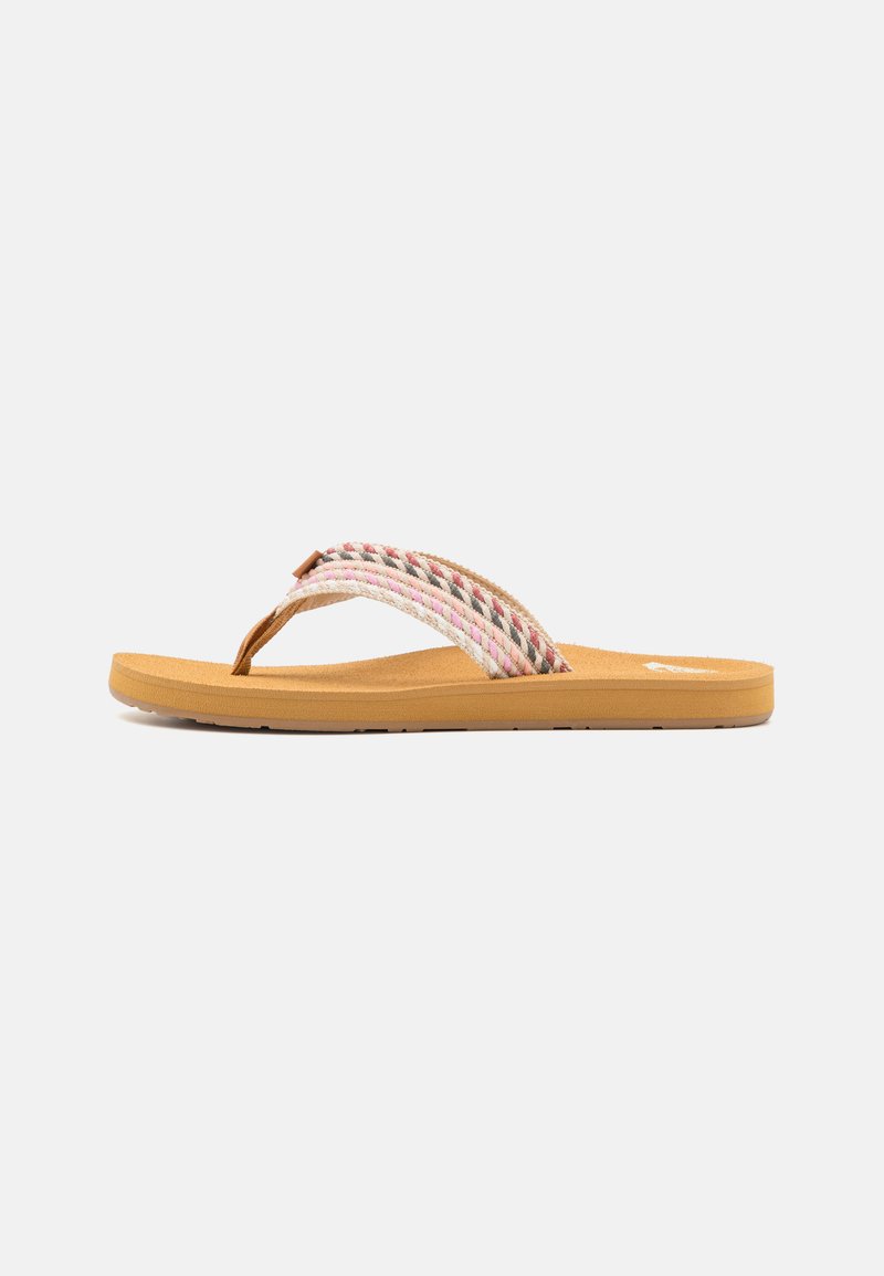 Flip-flops ar ar brūnu teksturētu zoli un ķēdītes daudzkrāsainu siksniņu, kas ietver rozā, bēša un pelēkās nokrāsas.