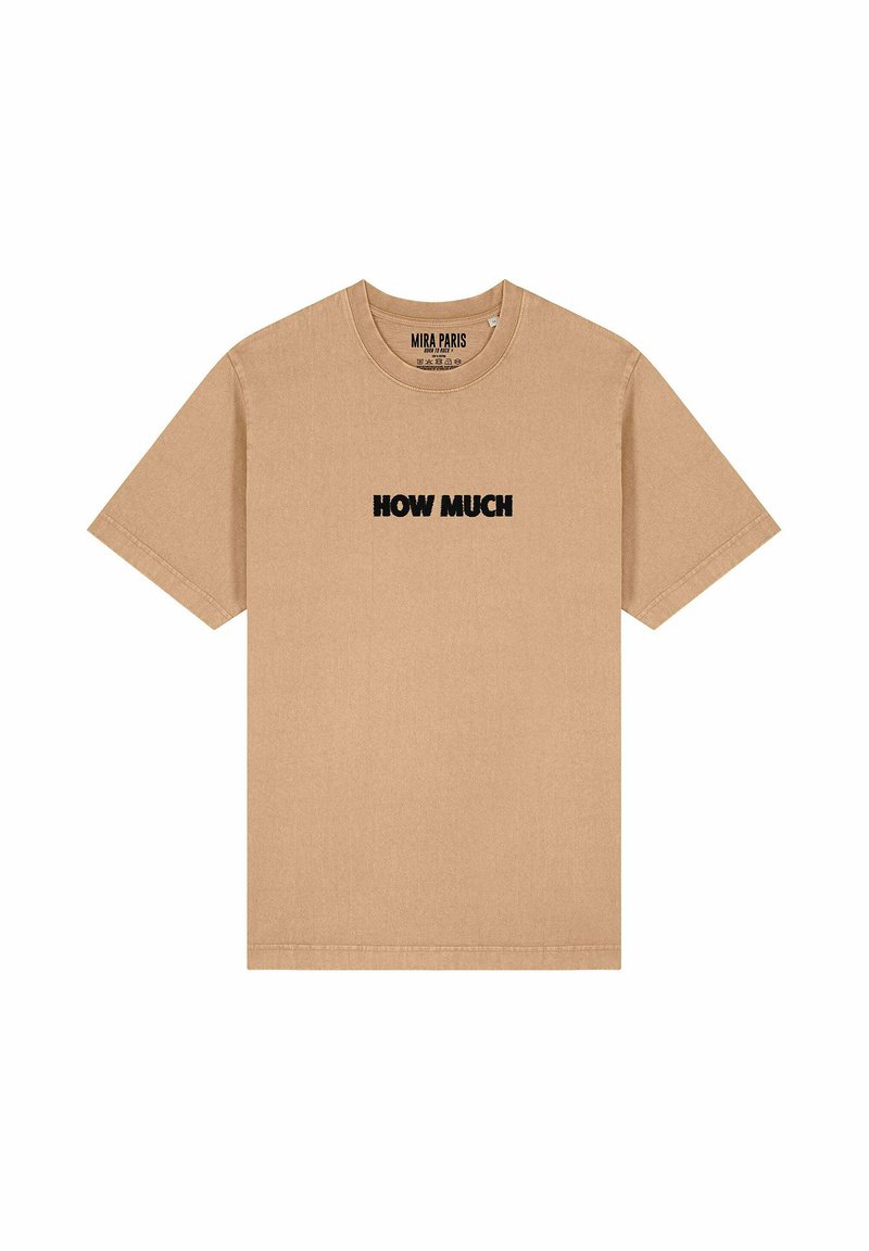 T-shirt en coton beige à manches courtes, col rond, avec le texte "COMBIEN" en gras noir centré sur le devant. Design simple.