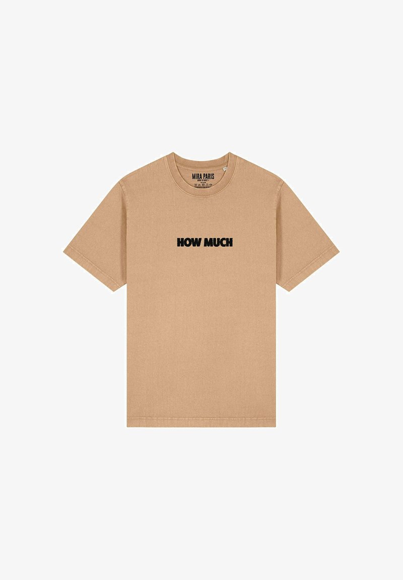 T-shirt en coton beige à manches courtes, col rond, avec le texte "COMBIEN" en gras noir centré sur le devant. Design simple.