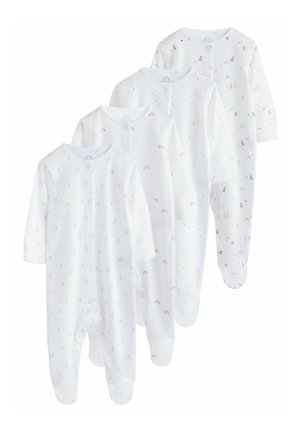 Vier Baby-Overall aus weißem Stoff, mit verschiedenen Mustern von Regenbögen, Tieren und Punkte; lange Ärmel; Druckknopfverschlüsse.