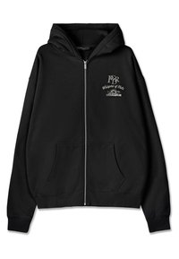 Černá mikina na zip s přední kapsou, kapucí se stahovací šňůrkou a vroubkovaným lemem. Má vyšitý design na hrudi. Měkká textilie.