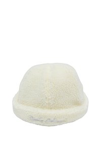 White, fluffy fleece hat with a rounded top and a textured surface. Features a snug, rolled brim and subtle stitching details.