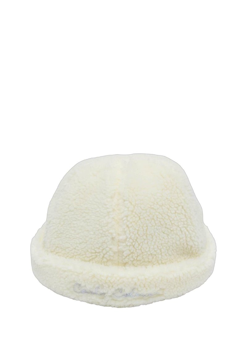 White, fluffy fleece hat with a rounded top and a textured surface. Features a snug, rolled brim and subtle stitching details.